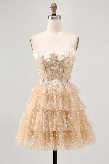 Champagne A Line Corset Strapless Homecoming Dress with Appliques